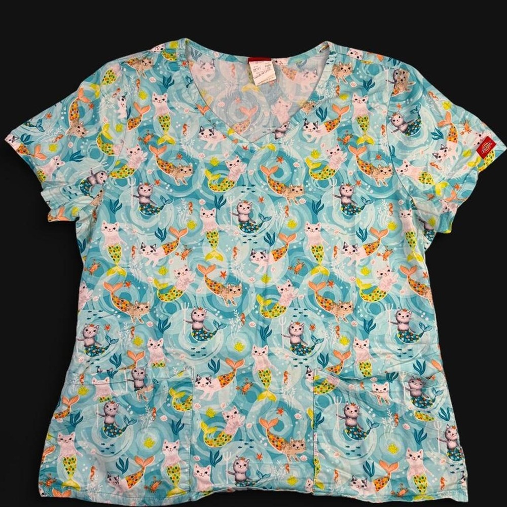 Dickies Purr-Maids Mermaid Cat V-Neck Stretch Scrub Top Aqua Blue Size L